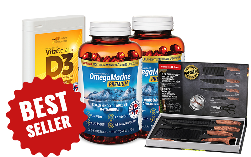 Natural Pharmaceuticals VitaSolaris® D3 étrend-kiegészítő csomagolása és két üveg OmegaMarine™ Premium étrend-kiegészítő egy elegáns női óra és a BEST SELLER felirat mellett.