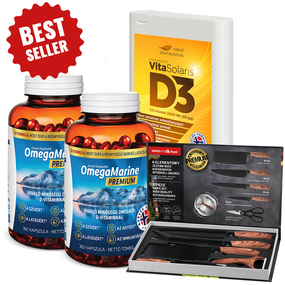 Natural Pharmaceuticals VitaSolaris® D3 étrend-kiegészítő csomagolása és két üveg OmegaMarine™ Premium étrend-kiegészítő egy elegáns női óra és a BEST SELLER felirat mellett.