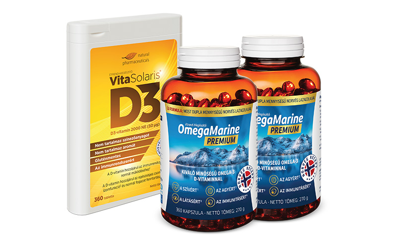 Natural Pharmaceuticals VitaSolaris® D3 étrend-kiegészítő csomag és két üveg OmegaMarine™ Premium étrend-kiegészítő, omega-3 D-vitamin kapszula a szív, az agy, a látás és az immunrendszer támogatására.