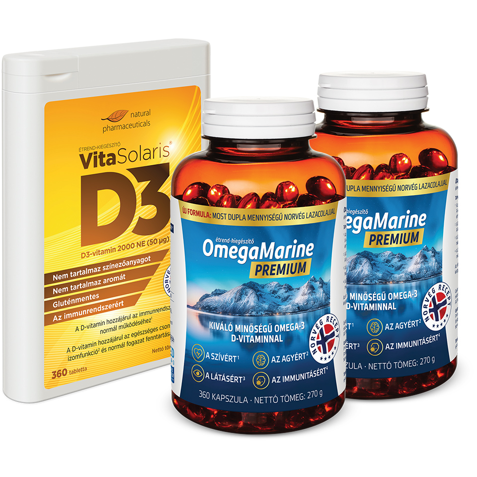 Natural Pharmaceuticals VitaSolaris® D3 étrend-kiegészítő csomag és két üveg OmegaMarine™ Premium étrend-kiegészítő norvég lazacolajjal az immunerősítő és szívvédő hatásokért.