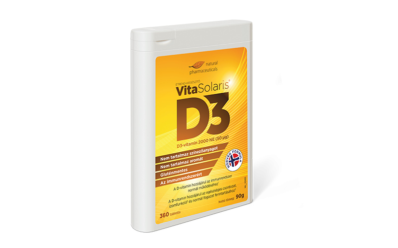 Natural Pharmaceuticals VitaSolaris® D3 A VitaSolaris® D3 étrend-kiegészítő doboza, 2000 NE D3-vitaminnal, színezék- és aromaanyag-mentes, gluténmentes imunrendszer támogatására.