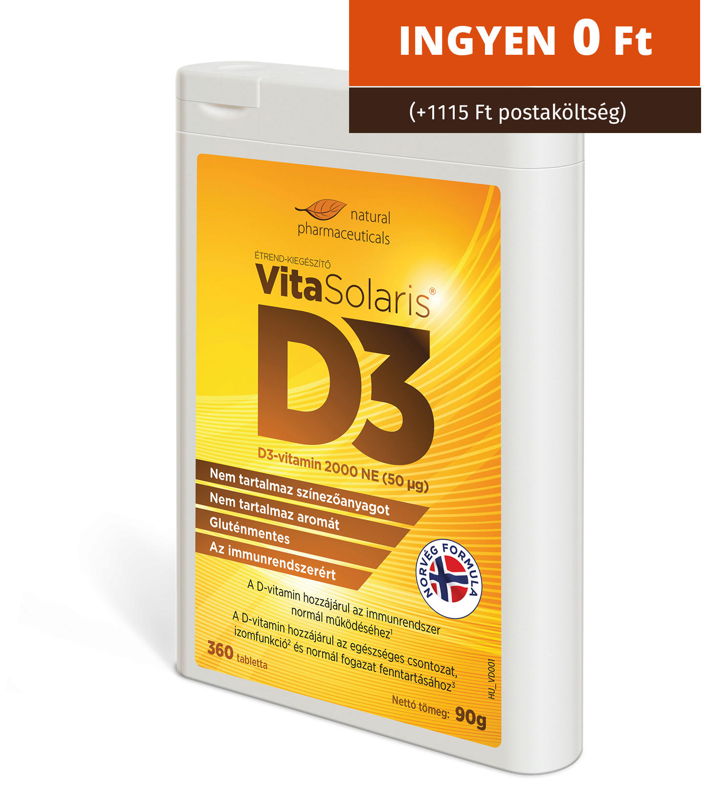 Natural Pharmaceuticals VitaSolaris® D3 D3-vitamin étrend-kiegészítő csomag, szín- és ízmentes, gluténmentes, immunrendszer támogatás.