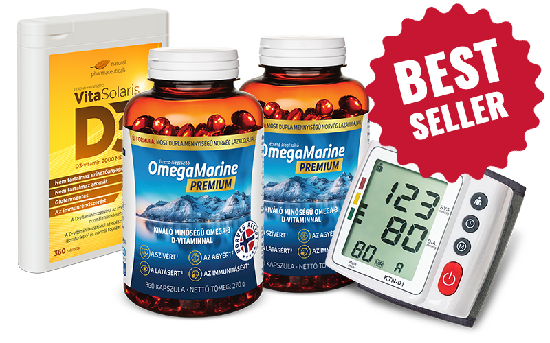 Natural Pharmaceuticals VitaSolaris® D3 étrend-kiegészítő csomagolása és két üveg OmegaMarine™ Premium étrend-kiegészítő egy elegáns női óra és a BEST SELLER felirat mellett.