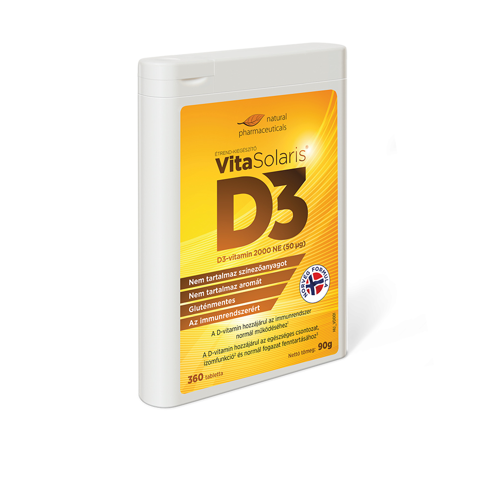 Natural Pharmaceuticals VitaSolaris® D3 étrend-kiegészítő csomag, színezék- és ízmentes, gluténmentes, az immunrendszert támogató.
