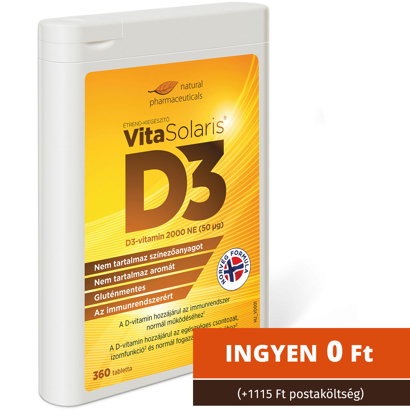 Natural Pharmaceuticals VitaSolaris D3 D3-vitamin étrend-kiegészítő tabletta csomagolásban, színezék- és ízmentes, gluténmentes, immunrendszer támogatására.