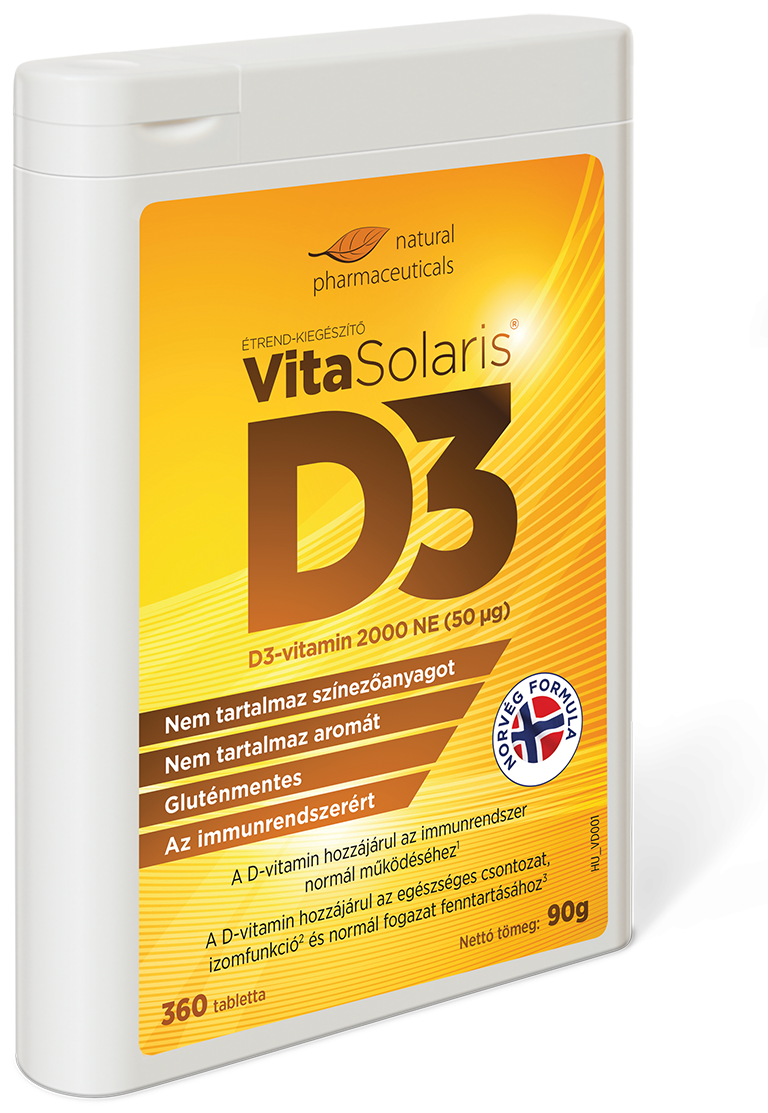 Natural Pharmaceuticals VitaSolaris D3 Vita Solaris D3-vitamin étrend-kiegészítő, színező- és aromamentes, gluténmentes, immunrendszer támogatására, norvég formulával.